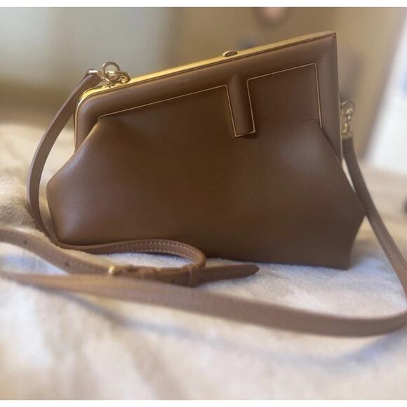 FENDI First Small 2way Clutch Shoulder Bag Leather Brown 8BP129 - Picture 1 of 13